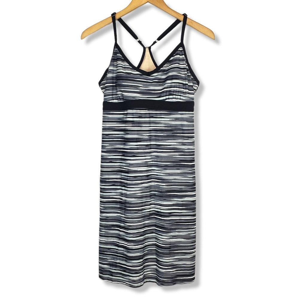 Athleta Grey, Black and White Striped Built-in-bra Workout Dress Size Medium